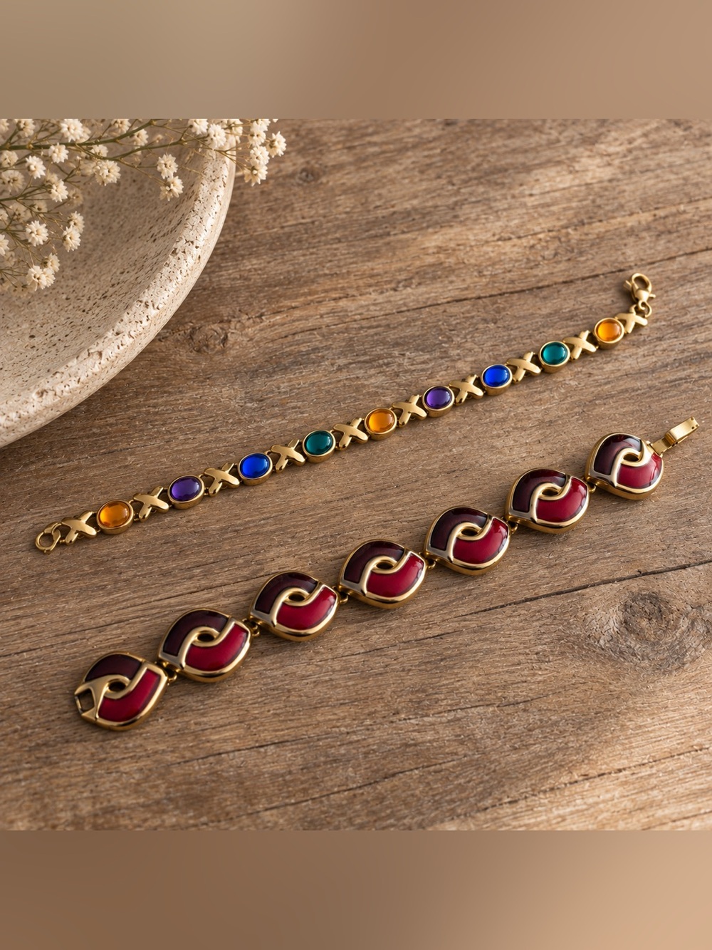 Vintage Style Gold Tone Bracelet Duo – Colorful Enamel & Cabochon